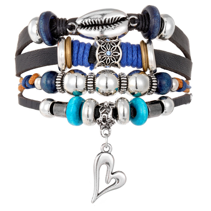 Cross-Border Turquoise Men's Woven Faux Leather Bracelet Multi-Layer Leaf Pendant Beaded Women's Bracelet Wholesale