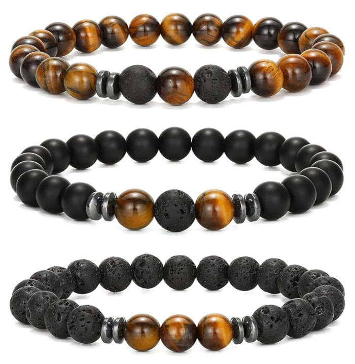 Hot-Selling Amazon European and American Men's Fashion Tiger Eye Volcanic Stone Bracelet White Pine Snowflake Bracelet Versatile Accessories