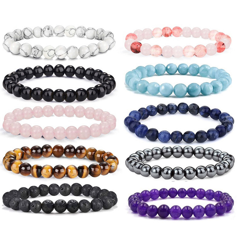 8mm Obsidian Tiger Eye White Turquoise Beaded Bracelet Volcanic Stone Rose Quartz Hematite Couple Set Bracelet Jewelry
