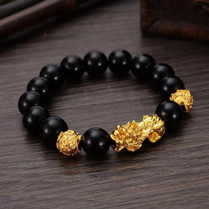 Hot-Selling 12MM Obsidian Gold Plated Pixiu Bracelet Unisex Six-Word Mantra Buddhist Bead Bracelet in Stock