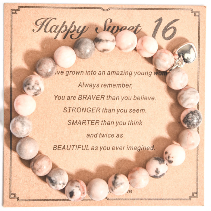 European and American Fashion Pink Zebra Heart Pendant Bracelet Handmade Beaded Child Parent Husband Birthday Gift Card