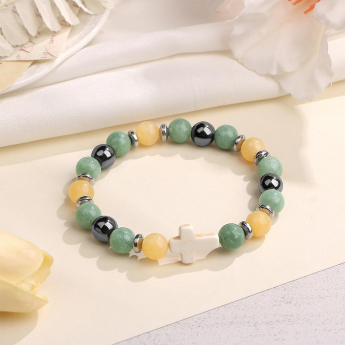Cross-Border 8mm Pink Zebra Tiger Eye Cross Bracelet Pink Malachite Elastic Beaded Bracelet for Men and Women