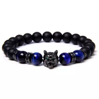 Blue Tiger Eye Bracelet Natural Stone Elastic Cord 8mm Black Matte Volcanic Stone Black Diamond Circle Wolf Head Green Tiger Eye Bracelet