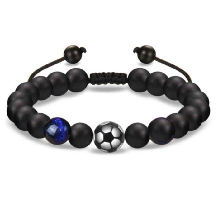 Cross-Border Football Beaded Men's Braided Bracelet Black Matte Coach Football Bracelet Tiger Eye Stone Baseball Bracelet