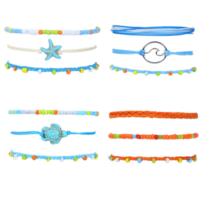 Amazon Hot Selling Bohemian Style Anklet Waterproof Wax Thread Braided Starfish Turtle Ankle Chain Bracelet Set, Jewe...