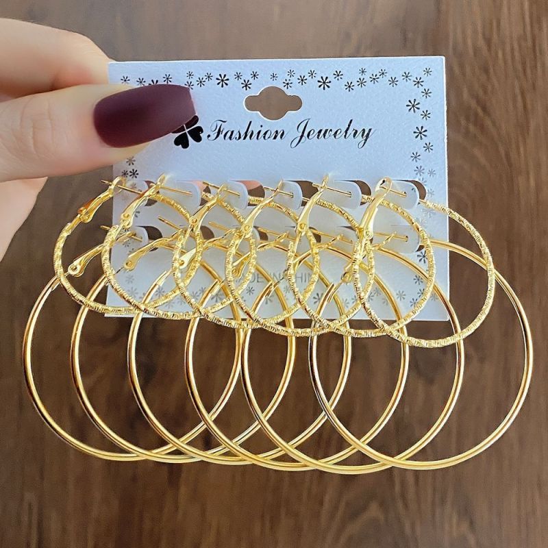 European and American Hot-Selling Accessories Commuting Exaggerated Hoop Earrings Set of 6 Pairs Large and Small Round Alloy Earrings