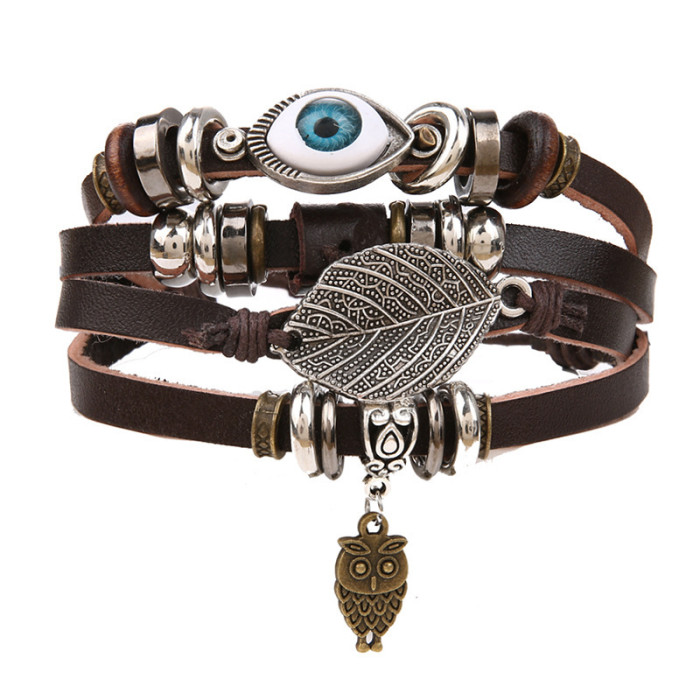 Cross-Border Turquoise Men's Woven Faux Leather Bracelet Multi-Layer Leaf Pendant Beaded Women's Bracelet Wholesale