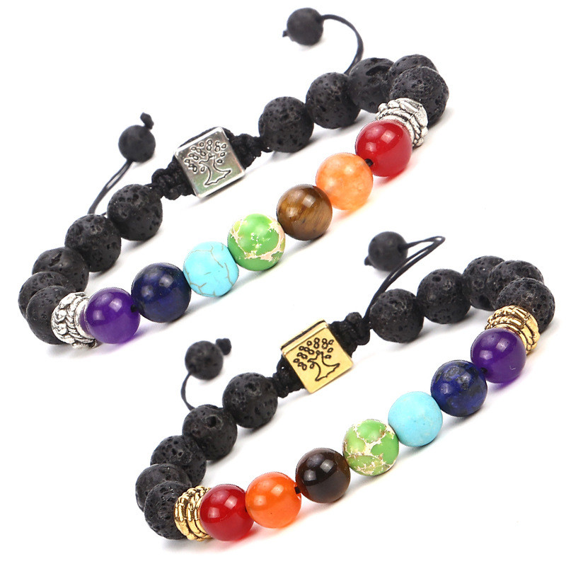Cross-Border Accessories Rectangular Tree of Life Bracelet Tiger Eye Stone Volcanic Stone Fashion Woven Bracelet Wholesale Beads
