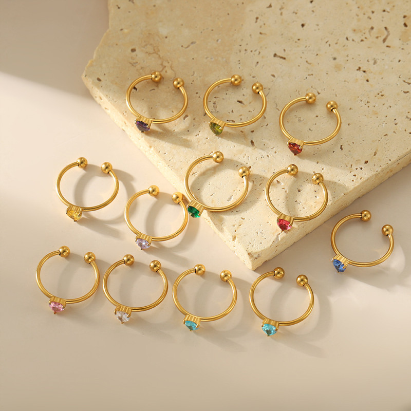 Cross-Border Hot-Selling Aperture Ring Zircon Inlaid Open Ring Stainless Steel Ins Birthstone Twisted Tail Ring