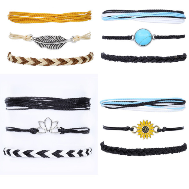 Cross-Border Hot Selling Wax Thread Braided Bracelet 3-Piece Set for Men and Women Stone Bracelet