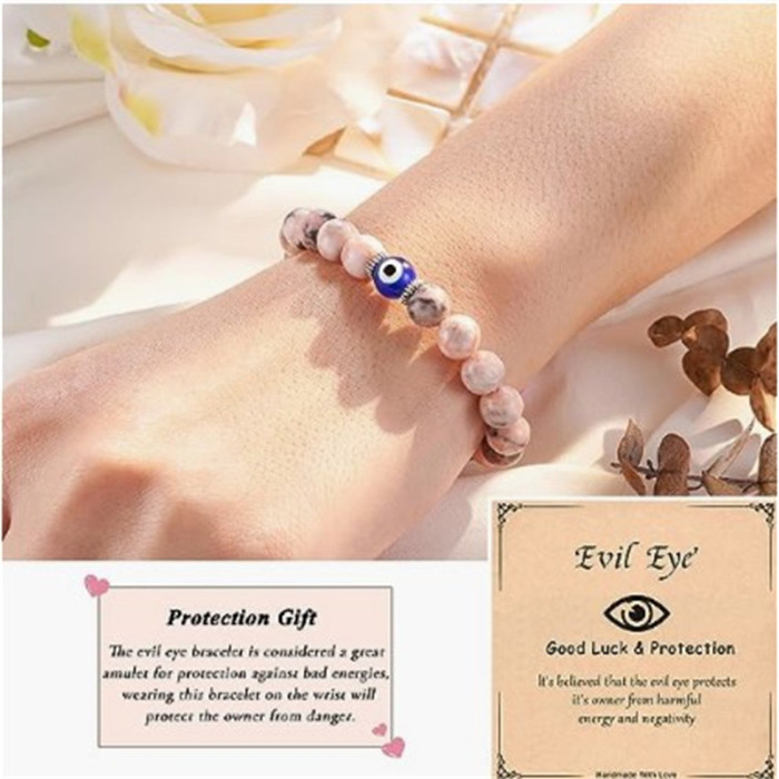 Cross-Border Amazon Hot-Selling Natural 8mm Pink Zebra Beaded Bracelet Evil Eye Bracelet Unisex Friendship Jewelry
