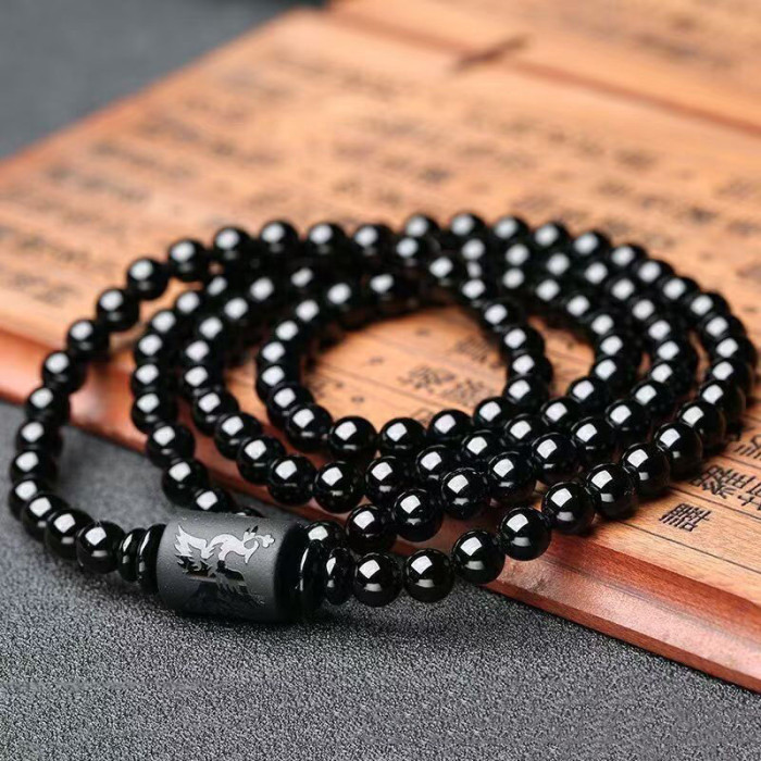 Natural Black Gold Obsidian Dragon and Phoenix Barrel Beads Bracelet for Men and Women, New Student Black Gold Agate Bracelet Gift