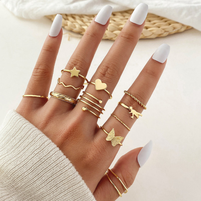 Cross-Border New Creative Small Dinosaur Butterfly Ring 12-Piece Set Combination Gold Geometric Spring Niche Alloy Ring