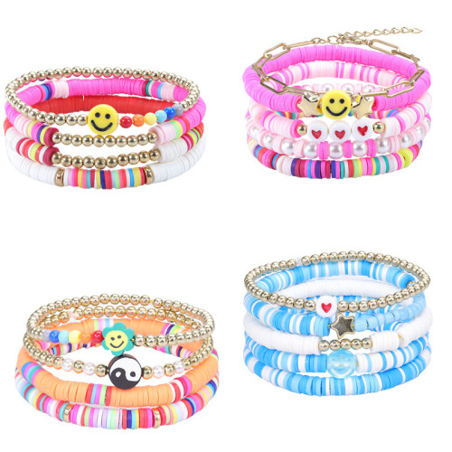 Amazon Hot Selling Bohemian Style Bracelet Set Colorful Soft Clay Smiling Heart Pearl Bracelet Accessories In Stock