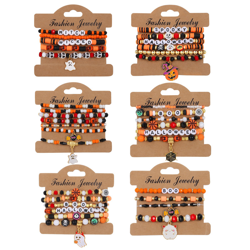 Cross-Border Halloween Quirky Skull Bead Bracelet Set for Women, Unique Devil's Eye Oil-Drip Bat Jewelry for Women