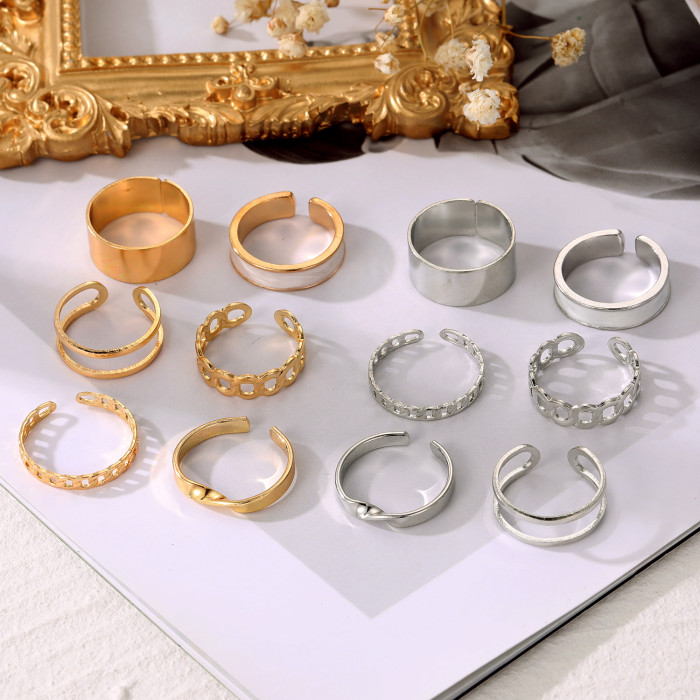 Vintage Chain Open Geometric Oil Drop Rings 6-Piece Set Fashion Ins Combination Ring Set for Women, Necklaces