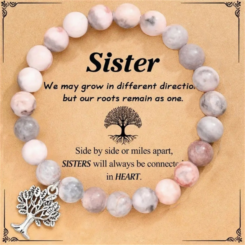 Tree of Life Bracelet Pink Zebra Natural Stone Back to School Graduation Season Student Teacher Gift Handmade Card Beaded