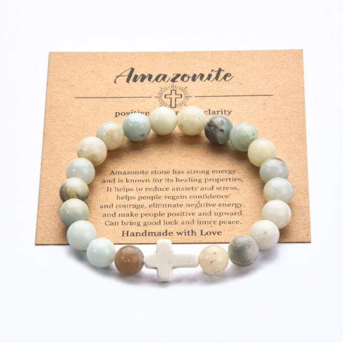 Cross-Border Hot Selling Volcanic Stone Bracelet Handmade Beaded Pink Zebra Cross Elastic Cord Hand Jewelry Bracelet Card Accessories