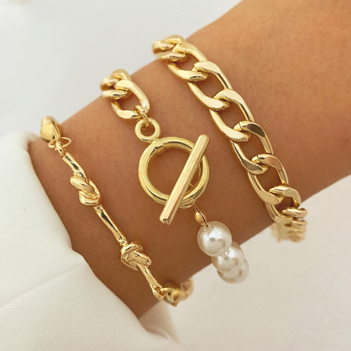 Thick Alloy Chain Personality Bracelet Creative Heart Pearl Multi-Layer Chain OT Bracelet Set of 3, Jewelry Sets