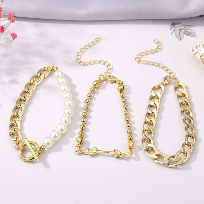 Thick Alloy Chain Personality Bracelet Creative Heart Pearl Multi-Layer Chain OT Bracelet Set of 3, Jewelry Sets