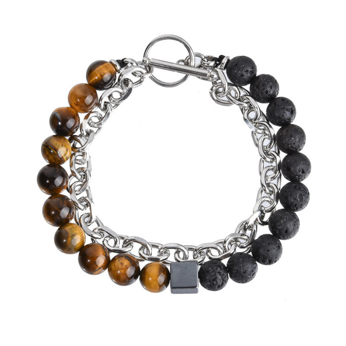 Custom Stainless Steel Chain Copper Bead European and American Men's Bracelet Agate Crystal Tiger Eye Stone Beaded Jewelry Factory