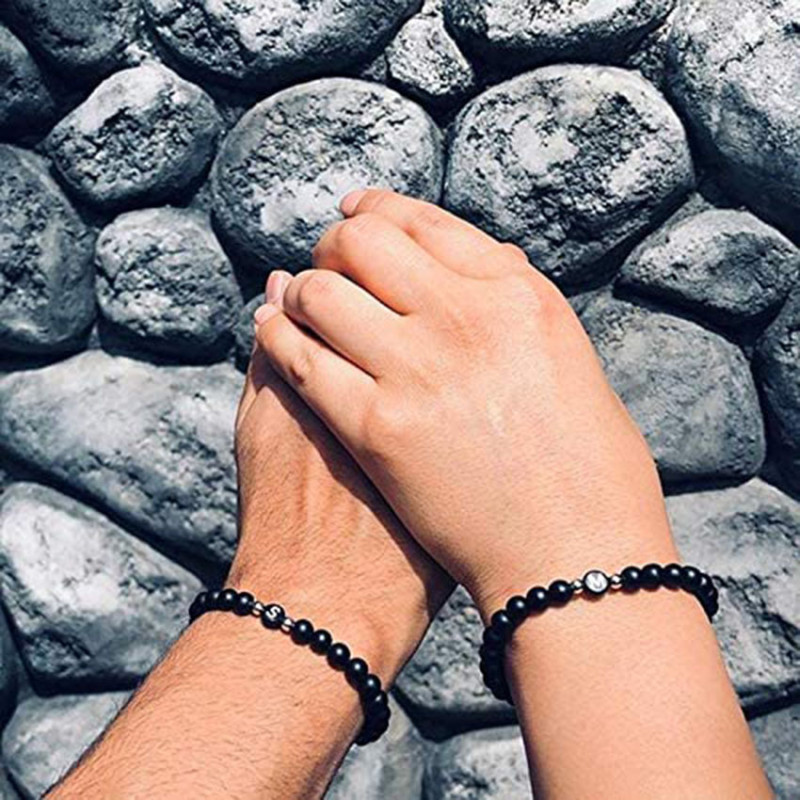 Wish Hot Sale 6MM Black Matte Imitation Obsidian Beads 26 Letter Bracelet Personalized Couple Jewelry Cross-Border