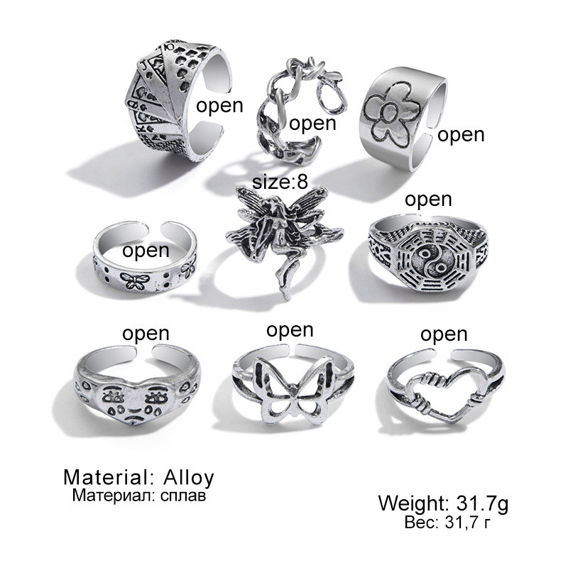 European and American Cross-Border Vintage Distressed Butterfly Snake-Shaped Ring Set Combination Open Multi-Joint Ring Set 9-Piece Set