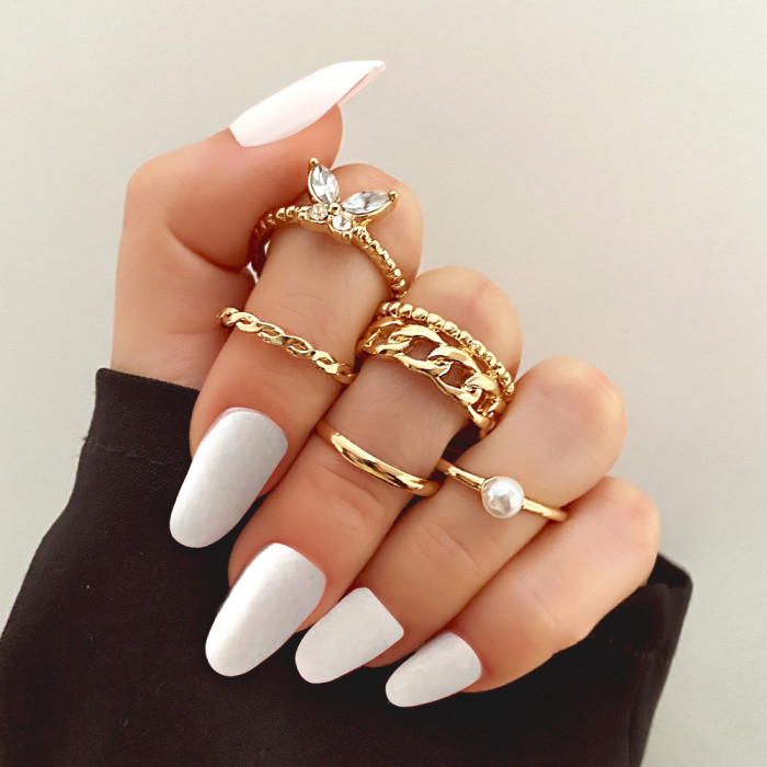 Retro Inlaid Pearl Chain Ring with Diamond Butterfly Open Ring Ins Style Ring Set 15-Piece Set, Necklaces