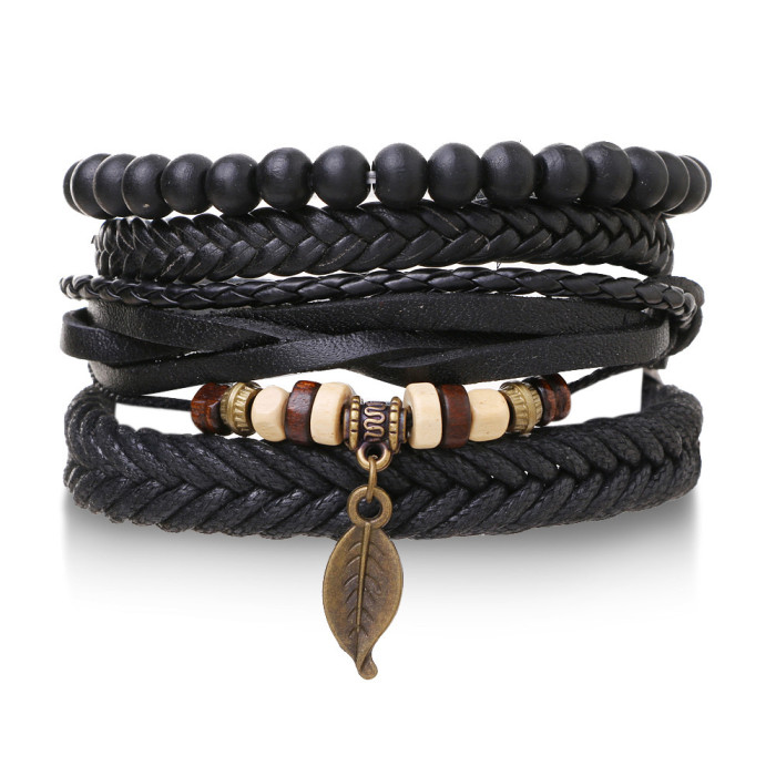 European and American Cross-Border Jewelry Simple Hand-Woven Vintage Feather Nameplate Bracelet Men's Faux Leather Bracelet Hand Accessories