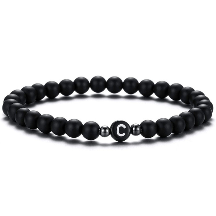 Wish Hot Sale 6MM Black Matte Imitation Obsidian Beads 26 Letter Bracelet Personalized Couple Jewelry Cross-Border