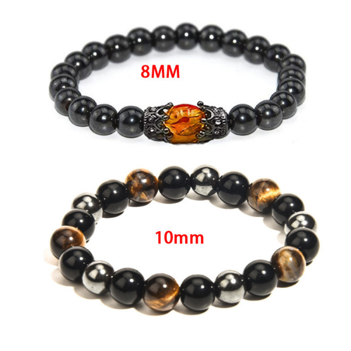 Cross-Border Hot Selling Imitation Obsidian Tiger Eye Stone White Pine Retro Alloy Crown Bracelet European and American Style Unisex Beaded Bracelet