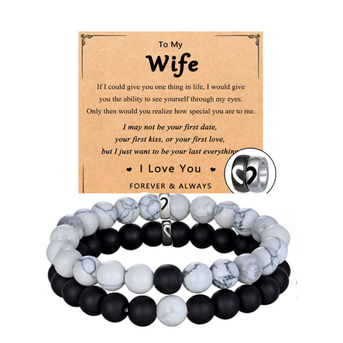 Hot-Selling White Pine Matte Bead Bracelet Set Black and White Beaded Couple Bracelets Pair of Heart Stainless Steel Beads