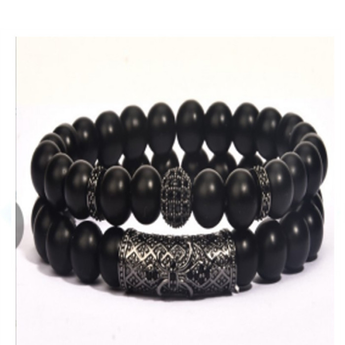 European and American Cross-Border Tiger Eye Stone Copper Micro-Inlaid Elastic Bracelet Black Matte Zircon Ball Punk Style Bracelet Two-Piece Set Wholesale