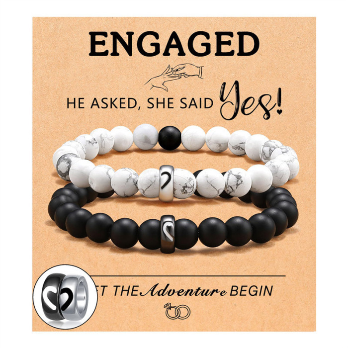 Hot-Selling White Pine Matte Bead Bracelet Set Black and White Beaded Couple Bracelets Pair of Heart Stainless Steel Beads