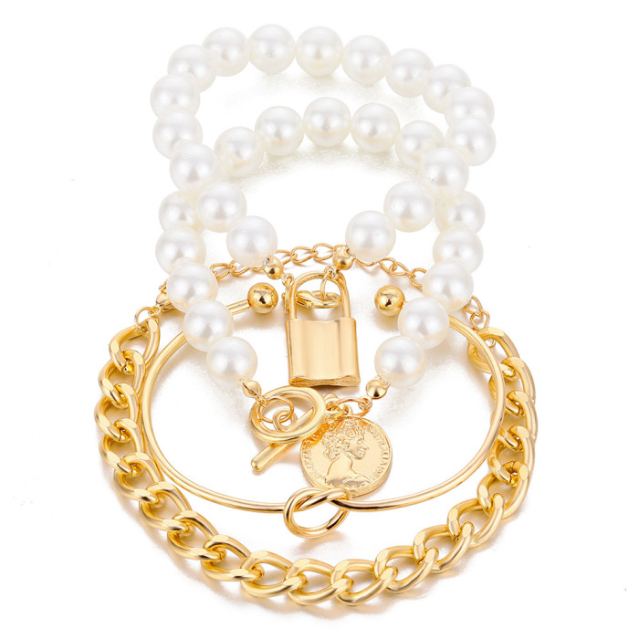 Exaggerated Punk Street Style Relief Portrait Imitation Pearl Lock 4-Piece Set Unisex Couple Bracelets