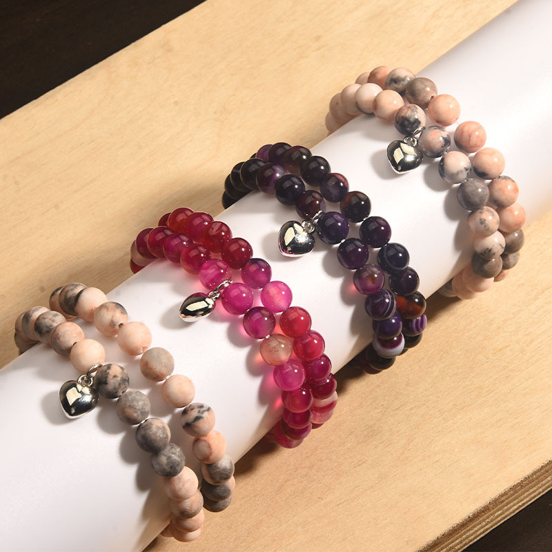 Pink Zebra Stone Bracelet Set Girl Gift Purple Striped Rose Red Agate Round Beads Bracelet Amethyst Bracelet Cross-Border
