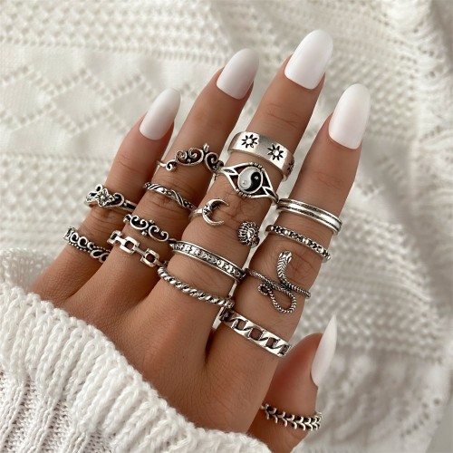 Korean Jewelry Fashion Cross-Border Hot-Selling Personality Retro Trendy Ring Yin Yang Relief Elephant Geometric Ring 16-Piece Set
