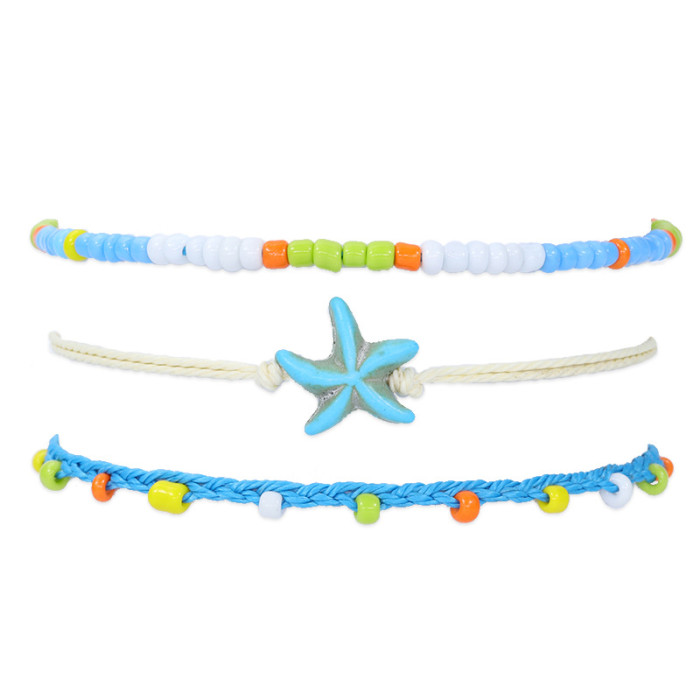 Amazon Hot Selling Bohemian Style Anklet Waterproof Wax Thread Braided Starfish Turtle Ankle Chain Bracelet Set, Jewe...