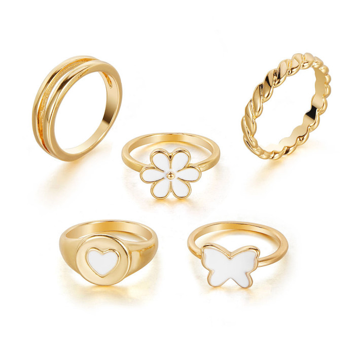 European and American Cross-Border Amazon Hot-Selling Creative Diamond-Studded Butterfly Pearl Ring Heart Oil-Drip Ring 27-Piece Set