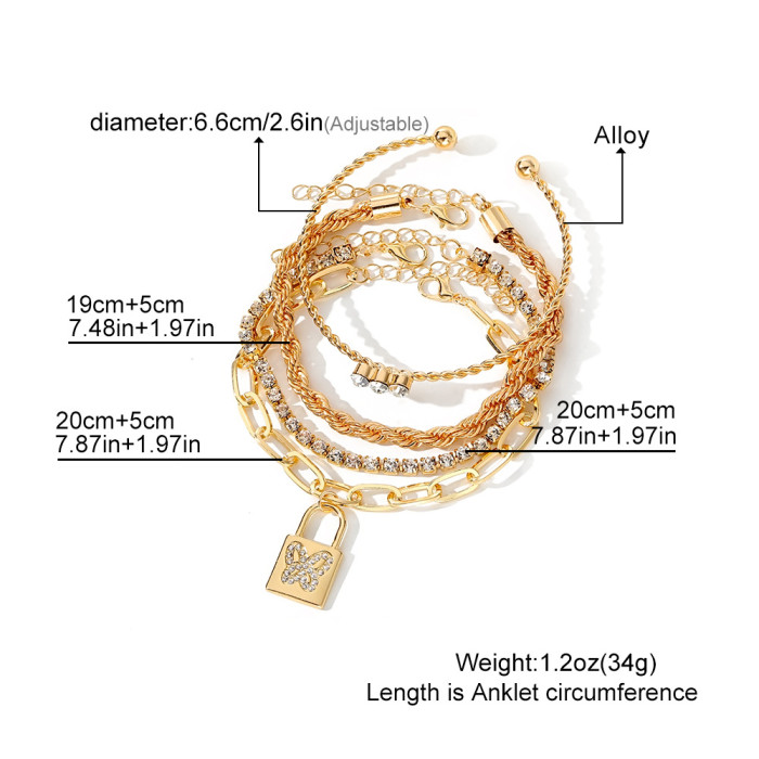New Stone-Encrusted Butterfly Lock Bracelet 4-Piece Set Fashion Versatile Trendy Jewelry Stone-Encrusted Open Clo...