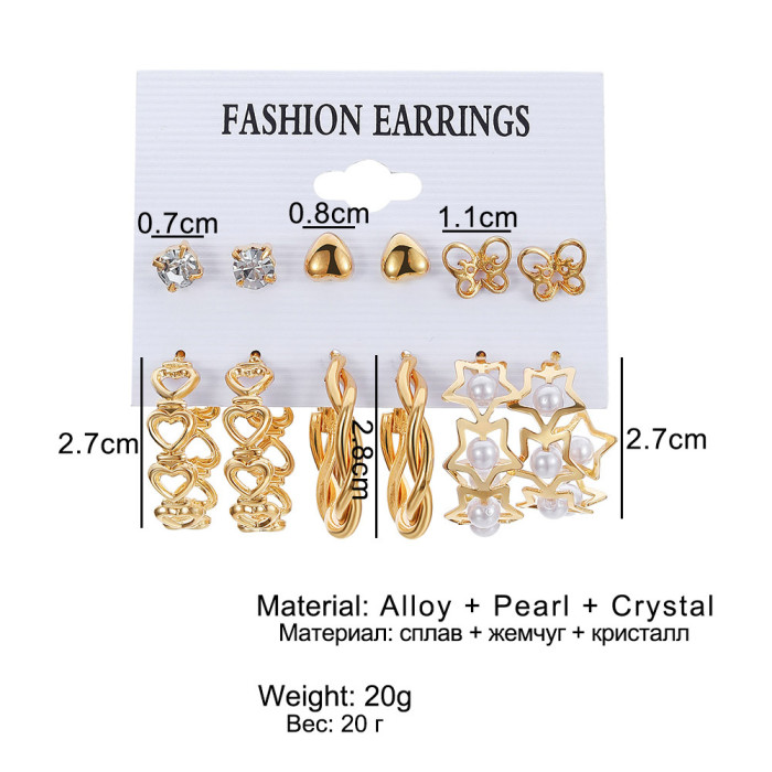 Inlaid Pearl Butterfly Stud Earrings High-End Sense Hoop Vintage Metal 6-Piece Earring Set for Women, Jewelry Sets