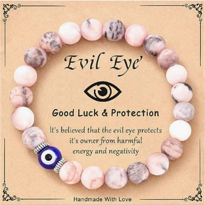 Cross-Border Amazon Hot-Selling Natural 8mm Pink Zebra Beaded Bracelet Evil Eye Bracelet Unisex Friendship Jewelry