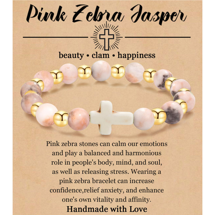 Cross-Border 8mm Pink Zebra Tiger Eye Cross Bracelet Pink Malachite Elastic Beaded Bracelet for Men and Women