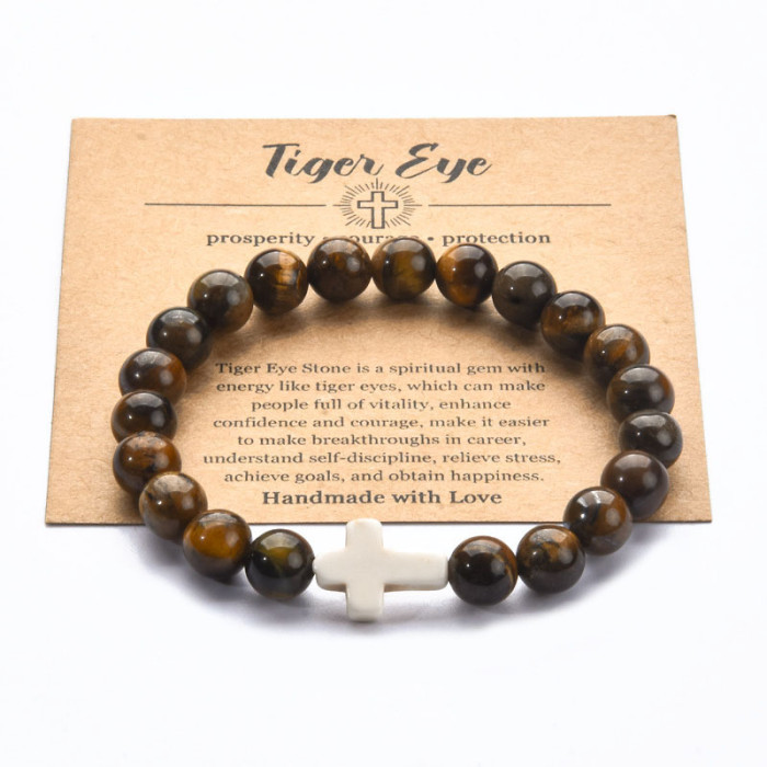 Cross-Border Hot Selling Volcanic Stone Bracelet Handmade Beaded Pink Zebra Cross Elastic Cord Hand Jewelry Bracelet Card Accessories