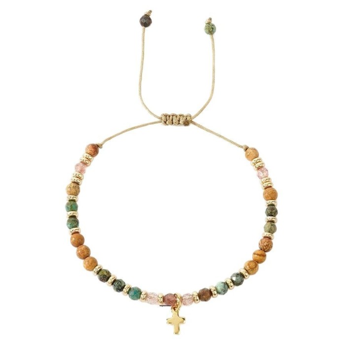 Colorful Natural Stone Bracelet Turquoise Gold Spacer Alloy Pendant Wax Thread Woven Bracelet Cross Semi-precious Stone Bracelet