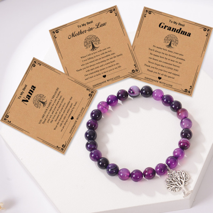 Hot-Selling European and American Grandma Pink Zebra Stone Bracelet Tree of Life Pendant Bracelet Nana Grandma Card Gift
