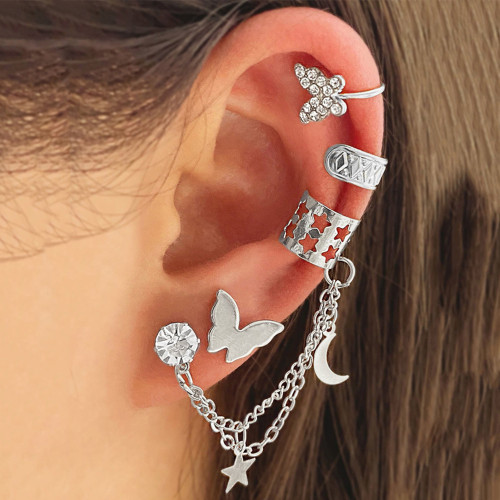 Exaggerated Non-Pierced Ear Cuff Set with Rhinestones, Butterfly Tassel Earrings, U-Shaped Earrings, Alloy Ear Jewelry