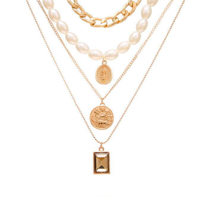 Jewelry Retro Coin Gemstone Necklace Sweater Chain for Women Personality Temperament Multi-Layer Pearl Necklace