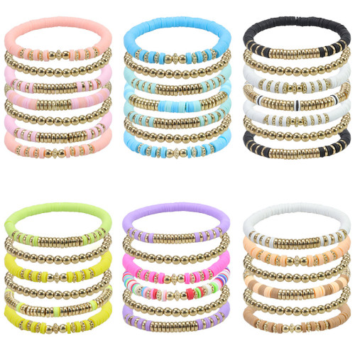 European and American New Style Colorful Soft Clay Bracelet Set Gold Beaded Girls Bracelets Multiple Pieces in One Set Cross-Border Source In Stock