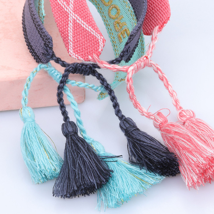European and American Style Woven Couple Bracelets with Letter Embroidery, Tassel Wristbands, LOGO Fashionable Men's and Women's Woven Bracelets